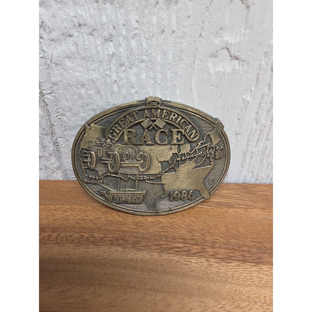 Vintage Brass Great American Race Belt Buckle 1986
